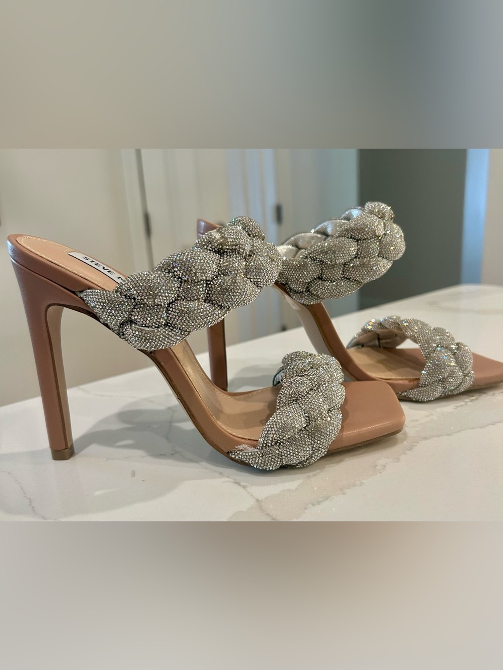 Steve Madden Braided Crystal Two-Strap Kenley Heeled Sandals - Nude and Silver